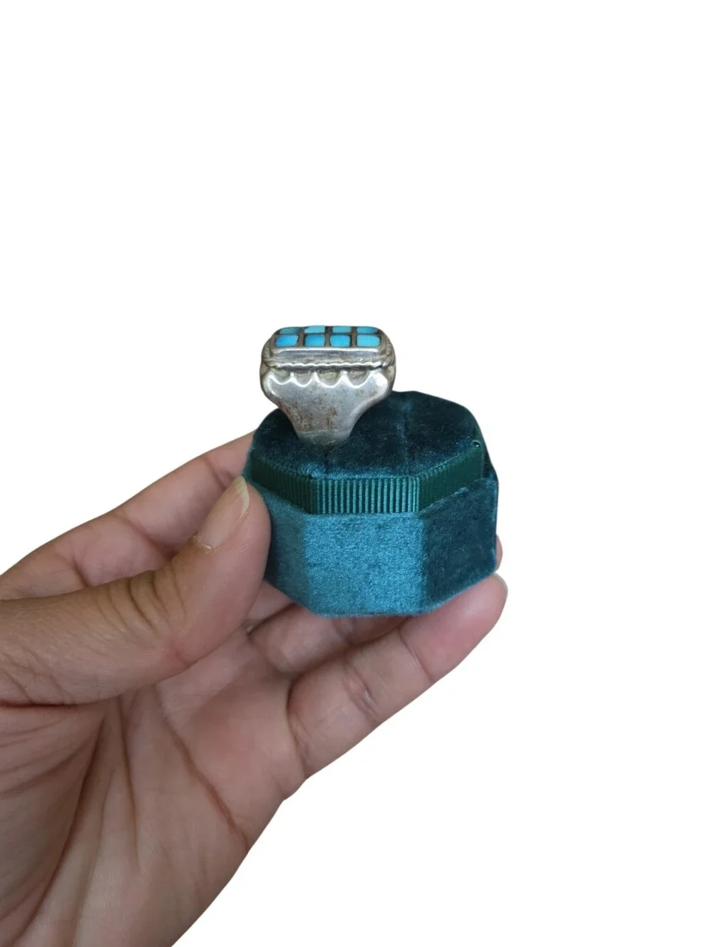 Vintage Size 11 Sterling Turquoise Inlay Statement Ring